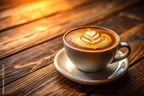 Warm cup of latte with artful froth on a wooden table with depth of field