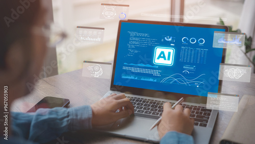 Artificial Intelligence Content Generator. A man uses a laptop to interact with AI assistant. AI offers functions like chatbot, generate images, write code, writer bot, translate and advertising.