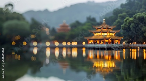 Serene pagoda at dusk with soft-focus background