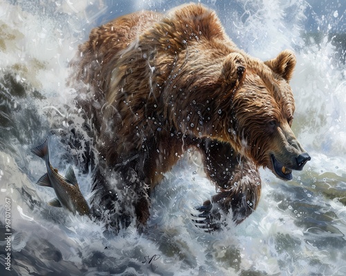 A powerful brown bear fishing in a rushing river, water splashing around it.