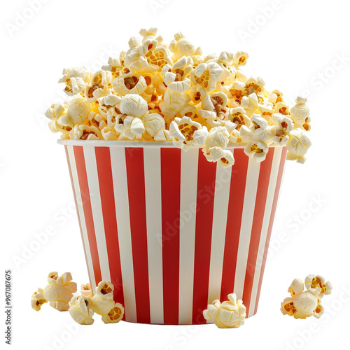 Large striped popcorn bucket overflowing with buttery popcorn kernels on a transparent background ready for movie night or a snack