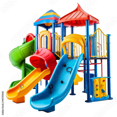 Colorful playground structure featuring slides and climbing areas designed for outdoor fun in a community park during sunny weather