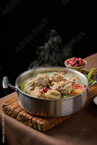 Hotpot made of copper pots, Chinese specialties, interior dark tone scene