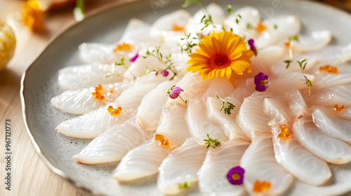 fresh fish carpaccio dish with thinly sliced fish arranged artfully