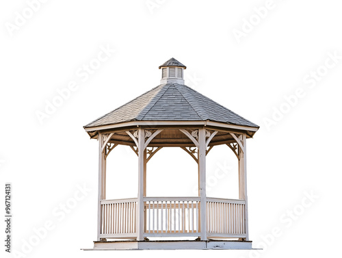 a white gazebo with a roof