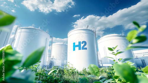 A hydrogen production plant features sleek white cylindrical tanks marked with H2, surrounded by greenery and illuminated by bright daylight