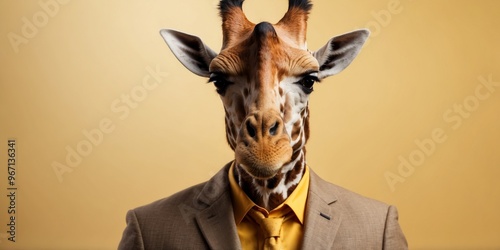 giraffe in a business suit on a yellow background.