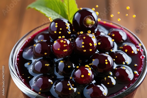 Blackcurrant Compote with Fizzy Beads in Zesty Syrup on Transparent Background