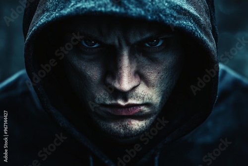 A close-up photo of a young man with piercing eyes, partially hidden under a hooded sweatshirt, exuding a sense of mystery and intensity in a dimly lit setting.