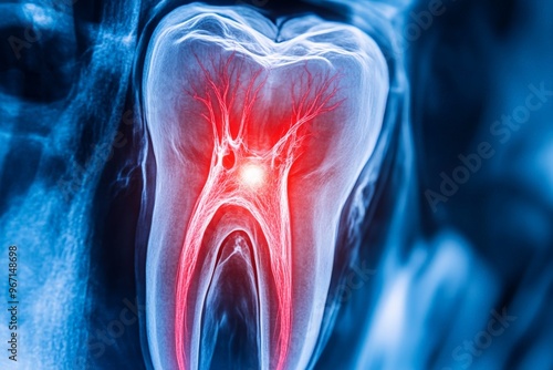 A striking close-up X-ray image of a tooth featuring a vibrant red inner glow, emphasizing the detailed structure of the dental pulp and nerve system in dramatic visual form.