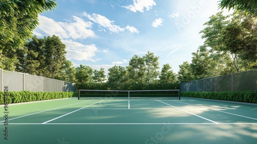 A serene outdoor tennis court surrounded by lush greenery and a clear blue sky, ideal for recreational play.