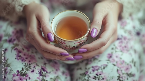 Elegant female hands with purple nails holding a delicate tea cup, vintage setting with floral background and soft tones