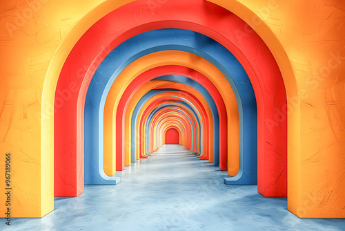 Long corridor with arches in red, blue and yellow, creating a vanishing point