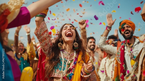 Group of people from diverse cultural backgrounds celebrating a festival together, wearing traditional attire.