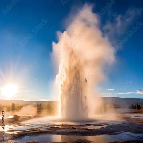 Erupting Geyser Against a Clear Sky, erupting geyser, clear sky, boiling water, steam clouds, geothermal energy, natural wonder, powerful eruption, geysers in action