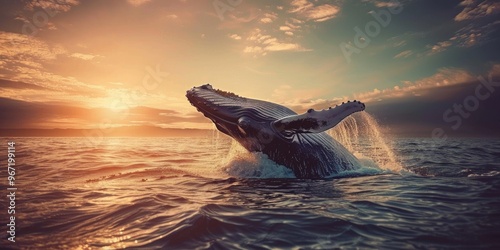 Blue fin whale emerging from the water