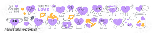 Funny heart characters set. Love symbols, concept signs. Cute design elements with happy and sad emotions, face expressions for Valentine's Day. Flat vector illustrations isolated on white background