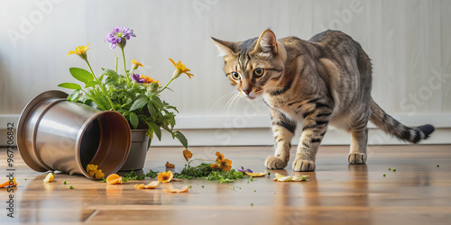 Cat causing mess by knocking over pot with flower on floor, cat, knocked over, pot, flower, spilled, accident, domestic, pet