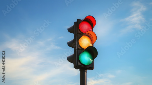 Traffic light with red, amber, and green lights illuminated under bright sunlight, set against a clear blue sky with clouds