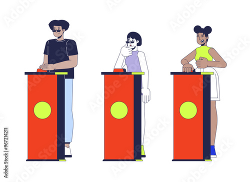 Quiz show participants standing behind buzzer podiums 2D cartoon characters set. Trivia game contestants multicultural isolated people flat vector on white background. Spot illustrations collection