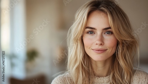 minimalistic portrait of beautiful blonde caucasian woman in beige sweater, closeup, natural beauty