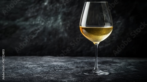 Glass of white wine on dark textured surface, elegance and sophistication concept