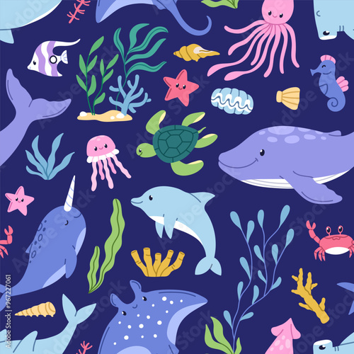 Seamless sea marine pattern, cute underwater animals, fishes and plants. Ocean, endless undersea texture design. Repeating print for fabric, wallpaper and wrapping. Colored flat vector illustration