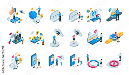 set of isometric vector business people and gadgets with message icons and clouds, in color on white background, social networks and online communications or chatting