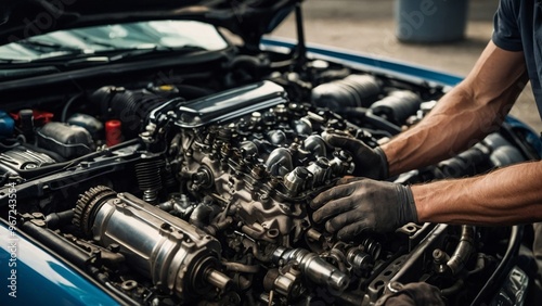 Hands working on a car engine – A mechanic's hands fixing gears and parts under the hood.