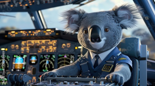 A cute koala in a pilot uniform, sitting confidently in the cockpit of an airplane, ready for adventure in the skies.