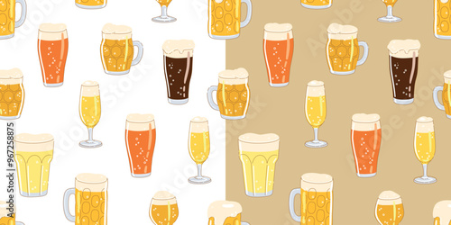 Seamless pattern with different beer glasses on simple background. Hand drawn trendy flat vector illustrations for bar menu, beer festival, brewing concept.