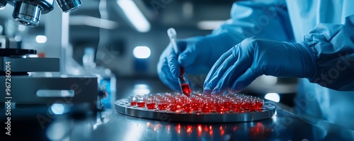 An advanced laboratory scene showcasing a scientist manipulating red liquid samples under a microscope.