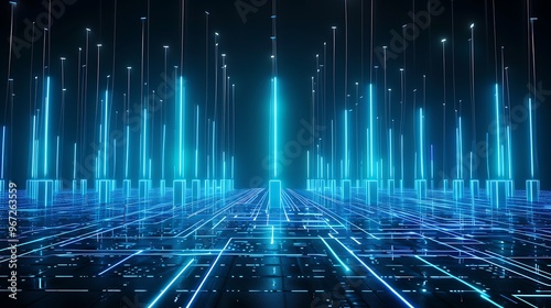 Futuristic digital landscape with glowing blue lines and vibrant light beams, representing advanced technology and innovation. Stage for product presentation.