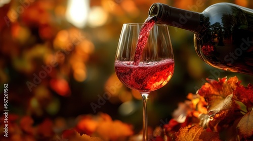 Red Wine Pouring into Glass with Autumn Leaves Background