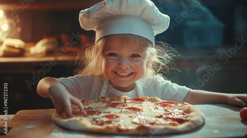 Lächelndes Mädchen mit Kochmütze bereitet Pizza zu. Kinderkochkurs. Zukunftstraum Chefkoch. Gesunde Ernährung. Familienaktivität. Kreativität in der Küche. Lernspiel