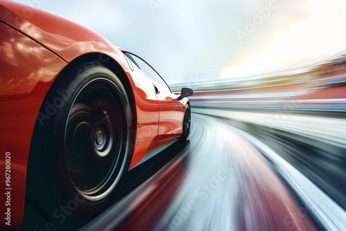 A sleek red sports car speeding on a racetrack, capturing the essence of speed, motion, and automotive excellence in a dynamic, thrilling shot.