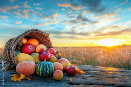 Cesta llena de frutas y verduras frescas de la huerta, posada sobre una superficie de madera, sobre fondo de un bello paisaje de un campo de trigo al atardecer dorado con nubes