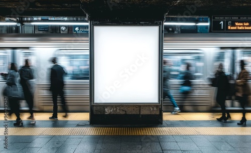 Media template for advertisements displayed in a NYC Subway Station with a moving train as the background. Photorealistic 3D render illustration.