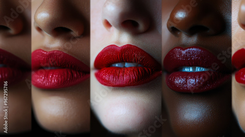 Three close-up views of lips showcasing various shades of red lipstick against a dark background highlighting beauty and diversity in makeup