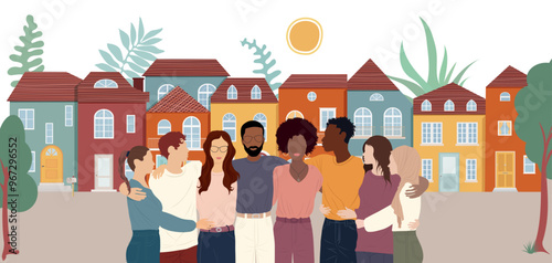 Community and sharing between neighbors. Neighborhood concept meeting or acts of care - care jobs.A group of multicultural people embracing seen from the front with a background of houses