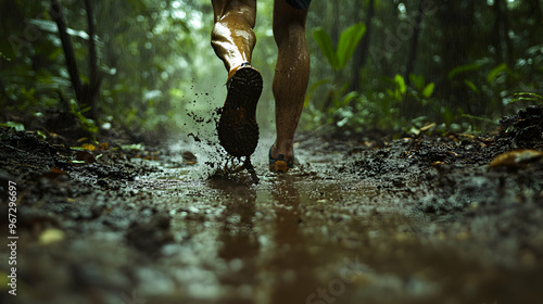 A determined runner racing through a dense, rain-soaked forest, their feet kicking up water and mud with every step, surrounded by the downpour