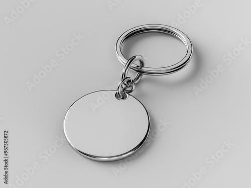 White metal square key chain mockup top view, 3d rendering. Isolated silver keychain design mockup.