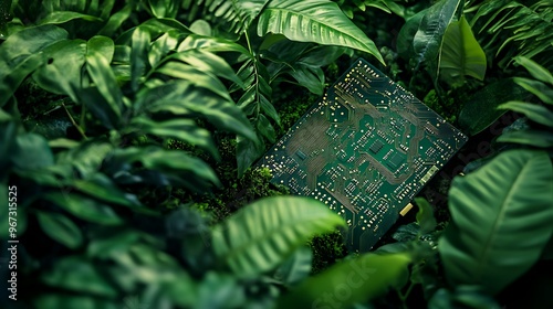 A circuit board lies half-hidden amidst lush green foliage, suggesting a connection between nature and technology.