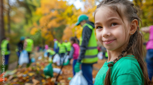 Girl volunteer in the park with a group of volunteers who collect garbage in the autumn park