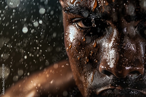 A powerful close-up of a glistening face intermixed with rain, depicting sheer focus and determination under the droplets.