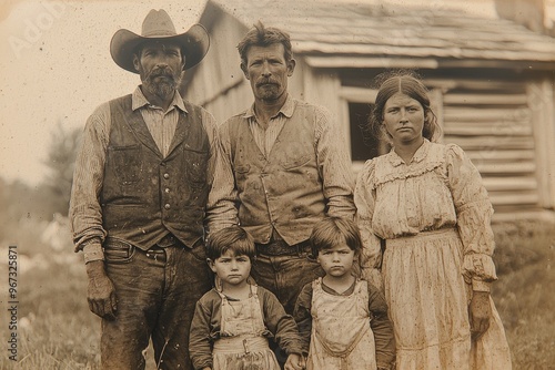 Cowboy family standing outside their rustic homestead