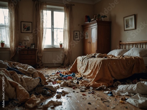 Messy bedroom, chanos in a room interior full of dirty cloas thrown on a floor, disorder indoors Unmande annd untidy.