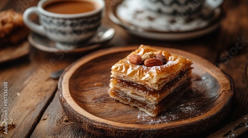 Bosnian baklava is a dense, sweet pastry delicacy consisting of layers of filo pastry filled with chopped nuts, sweetened, and sealed with syrup. A classic Turkish coffee is behind it.