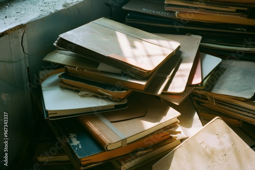 Sunlight casts a warm glow on a pile of old, worn-out folders stacked haphazardly near a window, creating a nostalgic and evocative scene.