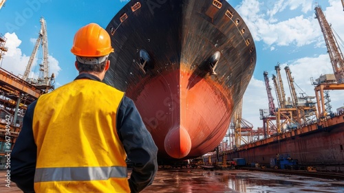 Worker inspecting the underbelly of a large cargo ship in dry dock, Ship maintenance, industrial repair